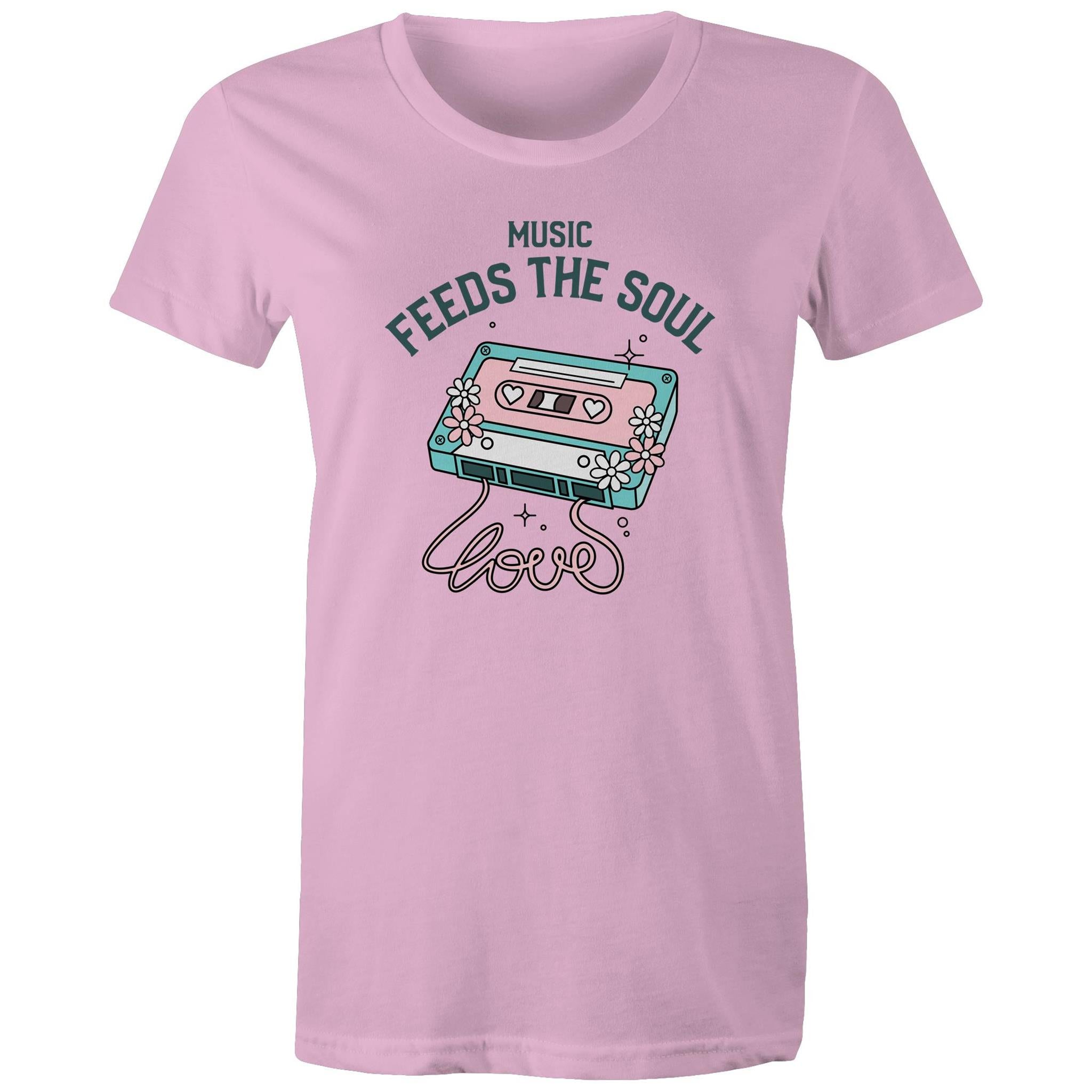 Music Feeds The Soul, Cassette Tape - Womens T-shirt Pink Womens T-shirt Music Printed In Australia