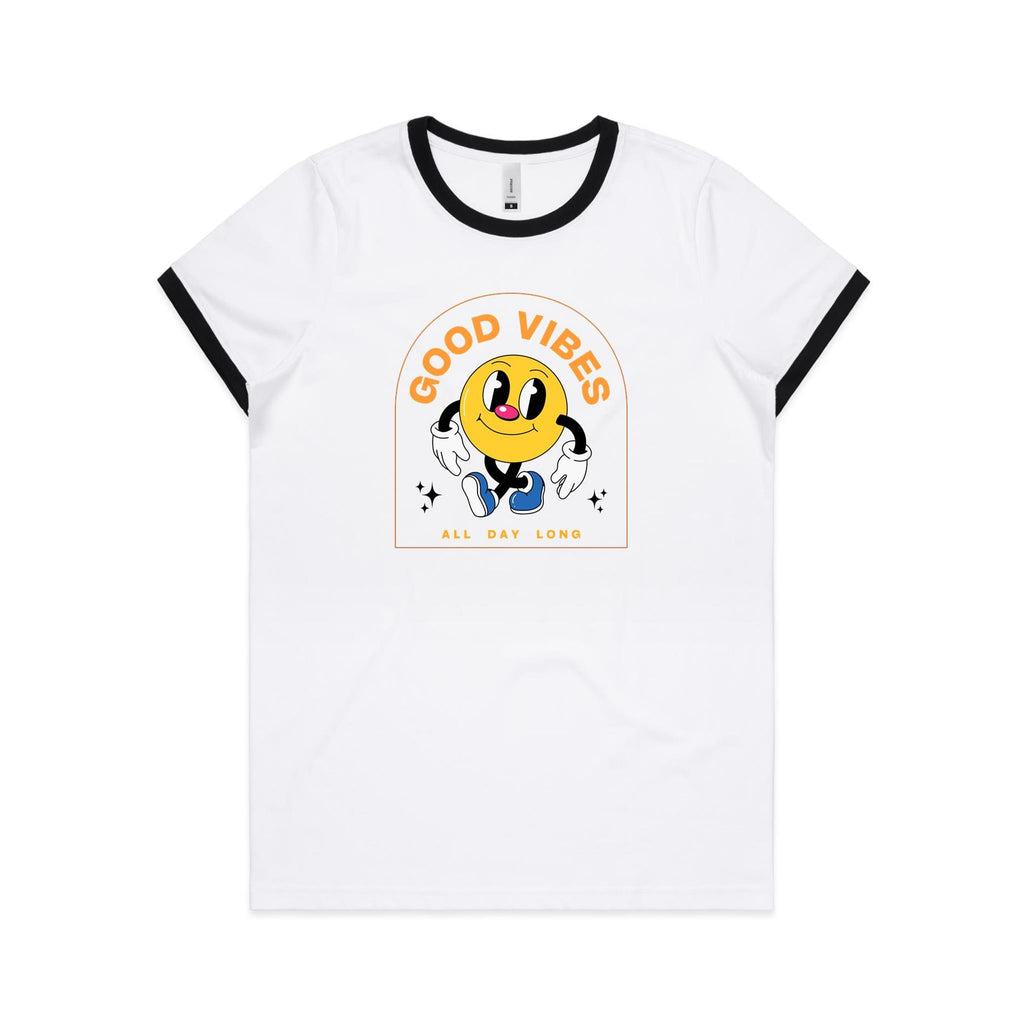 Good Vibes All Day Long - Women's Ringer Tee White Black Womens Ringer T-shirt Positivity Printed In Australia