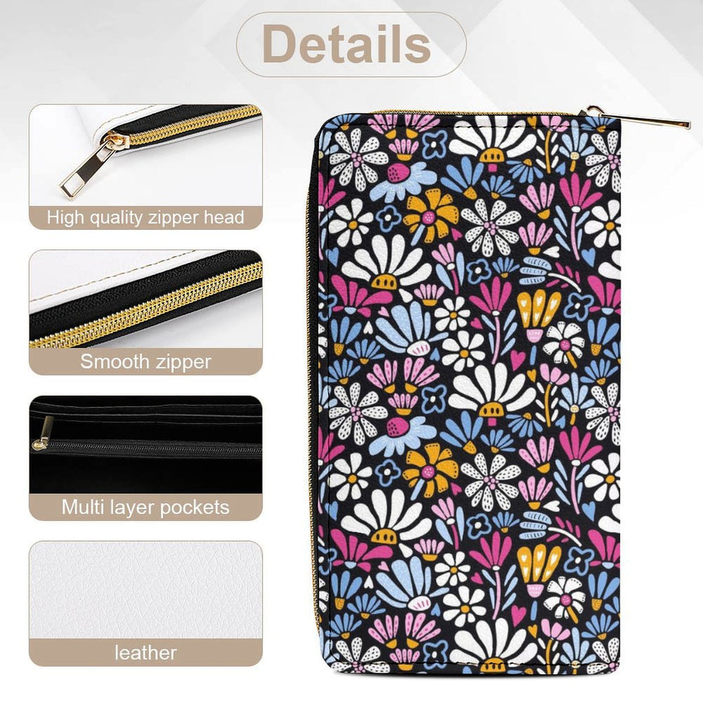 Graphic Flowers On Black - PU Leather Wallet