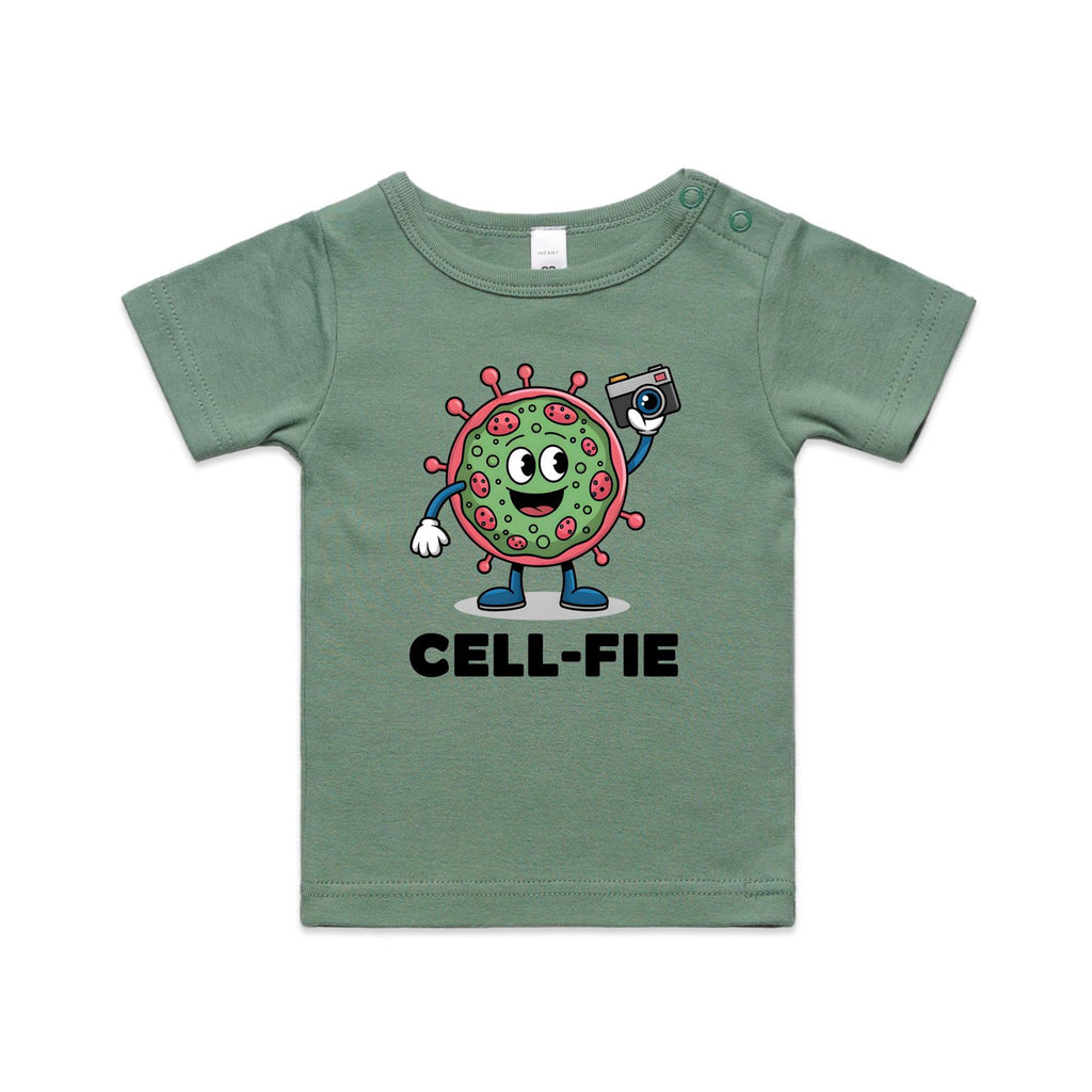 Cell-fie Cell Selfie AS Colour Baby T-shirt Sage Baby T-shirt Printed In Australia Science
