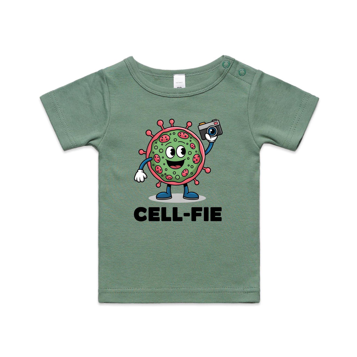 Cell-fie Cell Selfie AS Colour Baby T-shirt Sage Baby T-shirt Printed In Australia Science