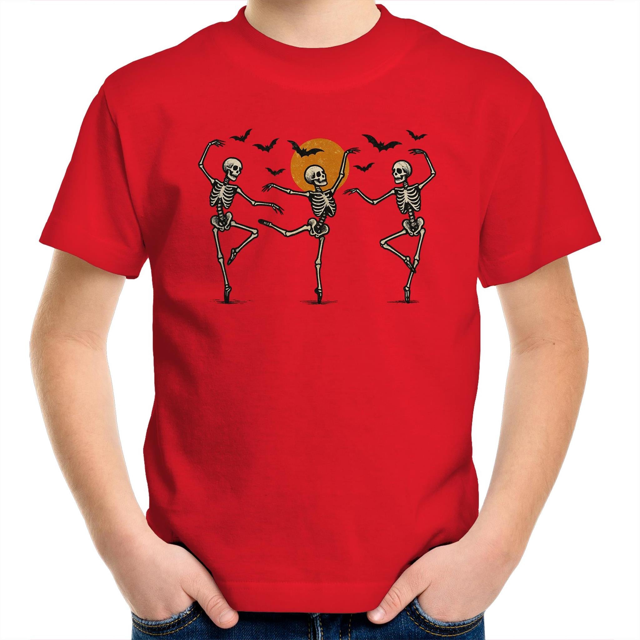 Skeleton Dance, Halloween - Kids Youth T-Shirt Red Kids Youth T-shirt Halloween Printed In Australia