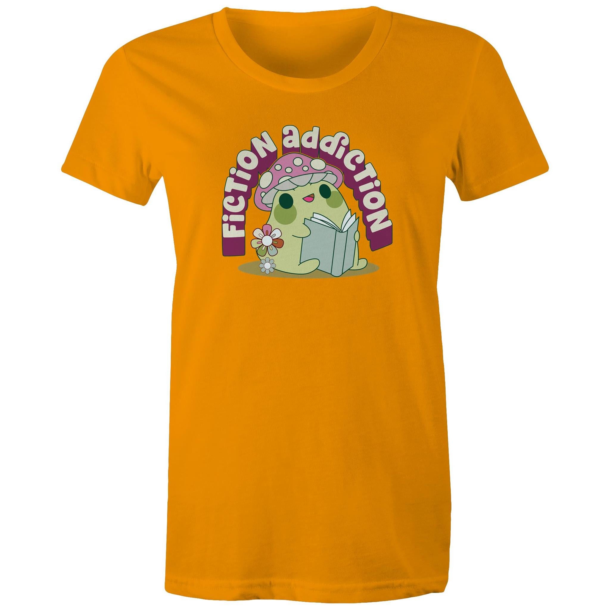 Fiction Addiction - Womens T-shirt Orange Womens T-shirt Printed In Australia Reading