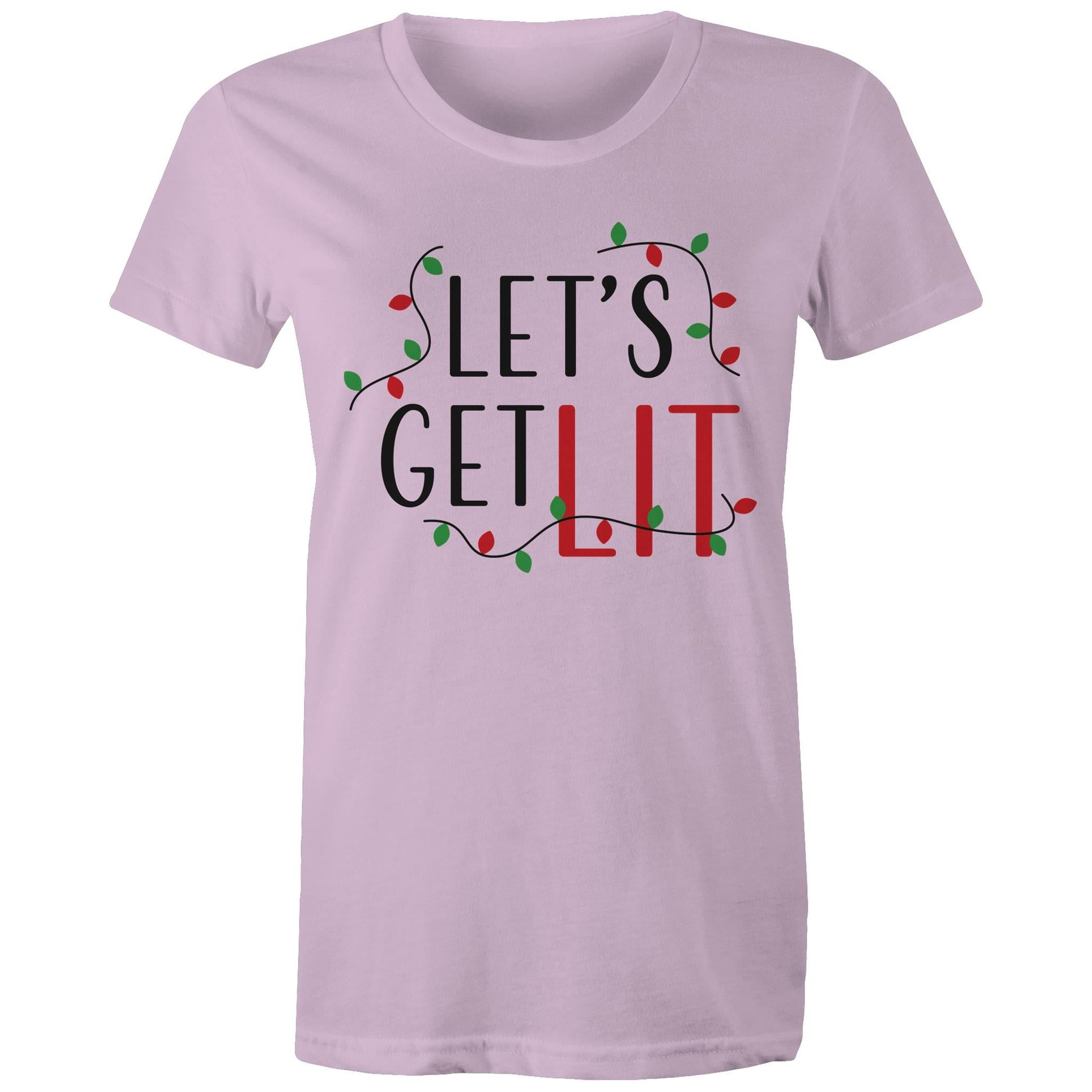 Let's Get Lit, Christmas Lights - Womens T-shirt Lavender Womens Christmas T-shirt Christmas Printed In Australia