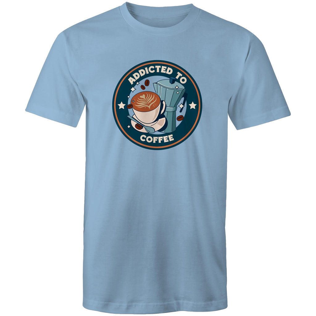 Addicted To Coffee - Mens T-Shirt Carolina Blue Mens T-shirt Coffee Printed In Australia
