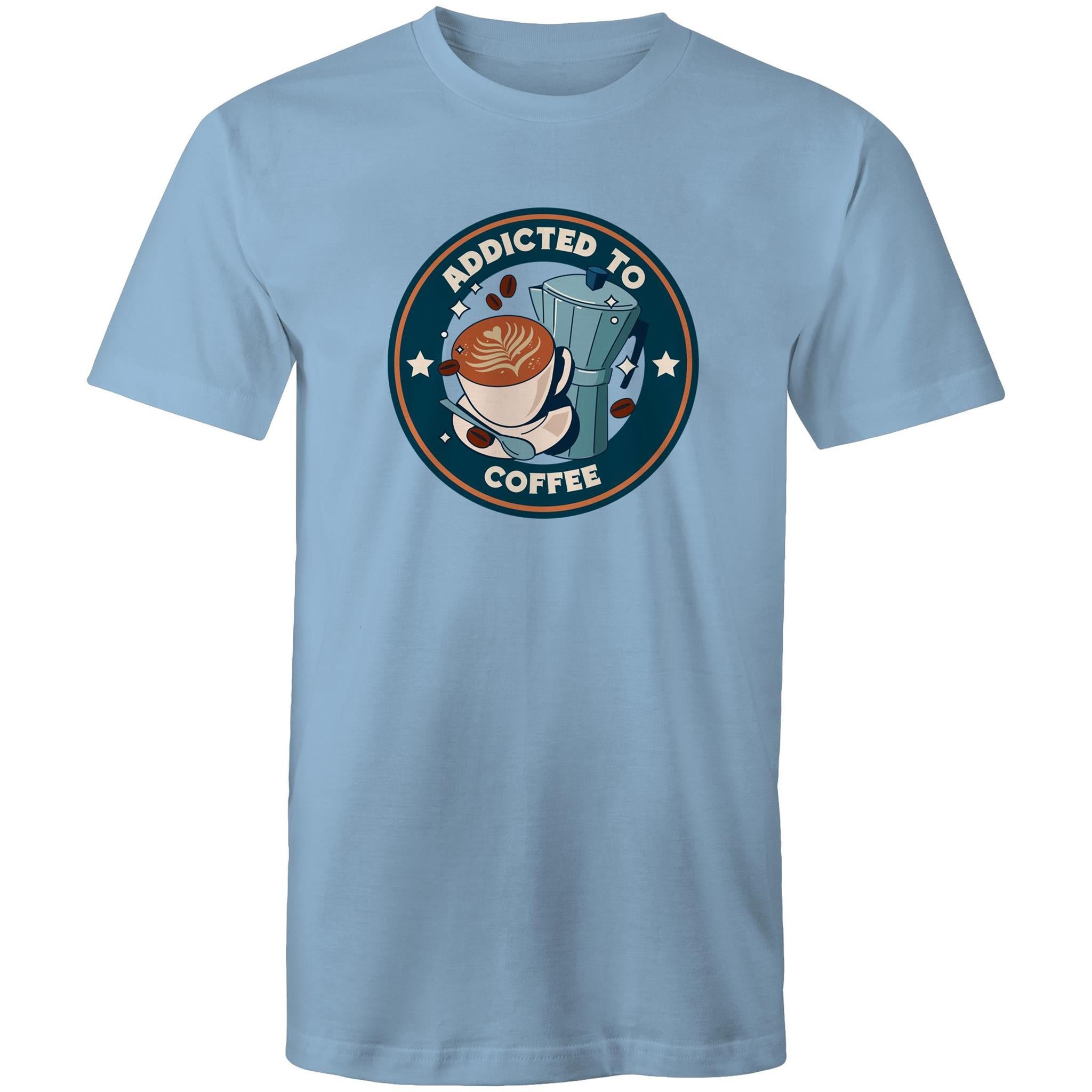 Addicted To Coffee - Mens T-Shirt Carolina Blue Mens T-shirt Coffee Printed In Australia