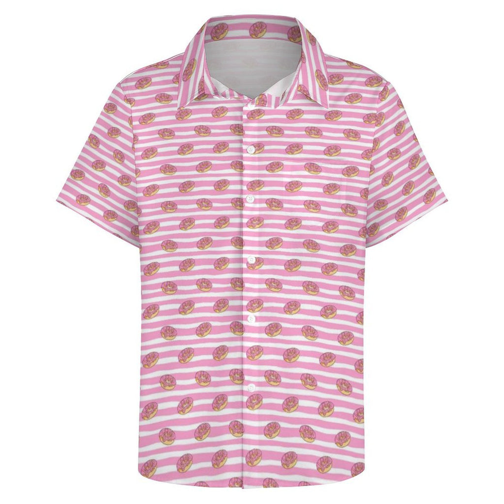 Pink Doughnut Stripes Women's Short-Sleeve Button Up Shirt Women's Short-Sleeve Button Up Shirt Food Printed Offshore