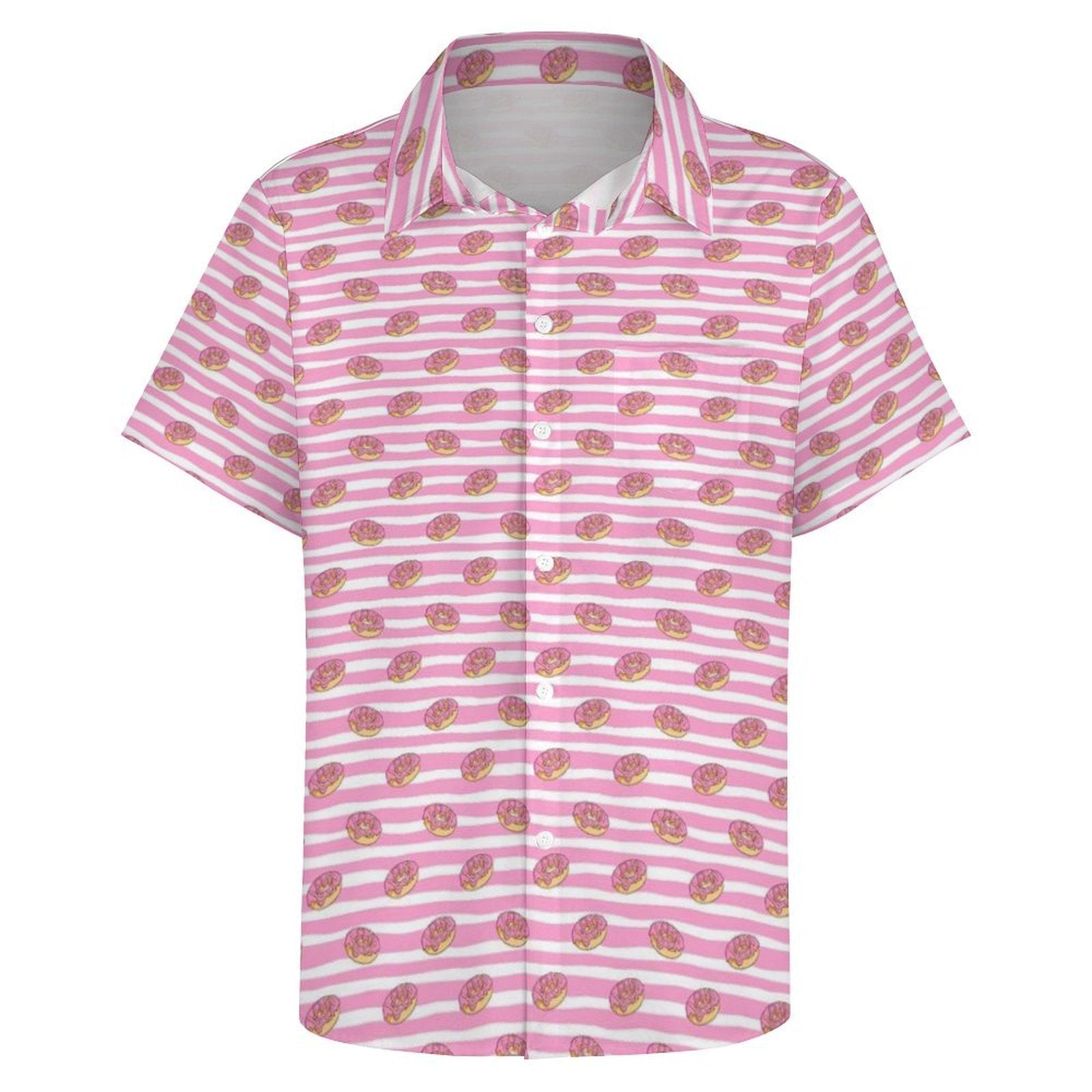 Pink Doughnut Stripes Women's Short-Sleeve Button Up Shirt Women's Short-Sleeve Button Up Shirt Food Printed Offshore