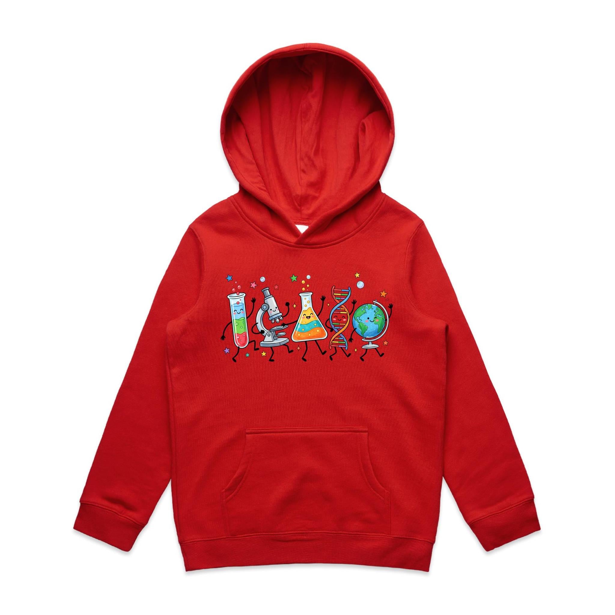 Science Characters Kids AS Colour Hoodie Red Kids Hoodie Printed In Australia Science