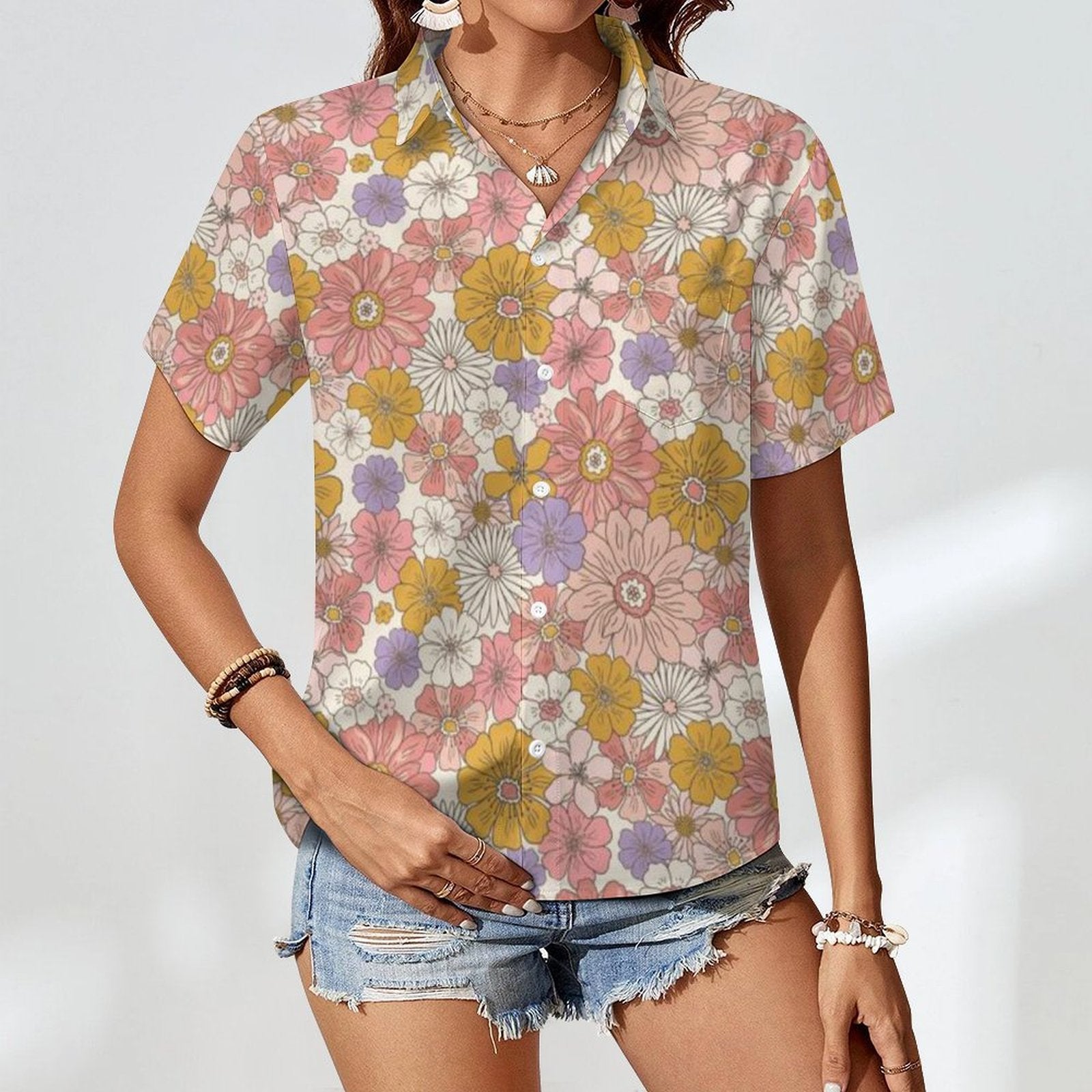 Faded Floral Women's Short-Sleeve Button Up Shirt