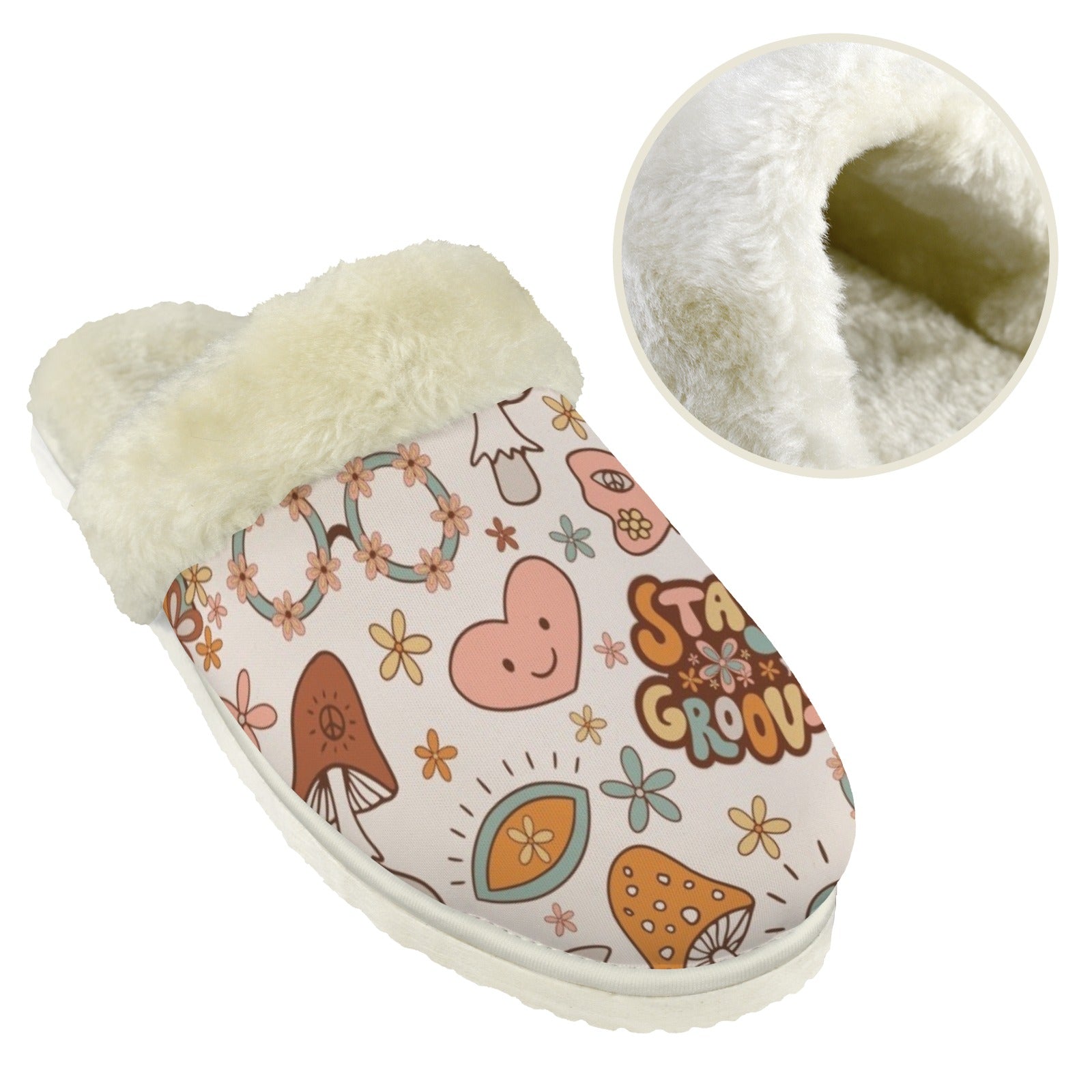 Peace And Love Women's Fur Trim Thick-Sole Indoor Slippers Women's Fur Trimmed Slippers Printed Offshore Retro