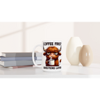 Personalise - Coffee First, Questions Later, Highland Cow - White 15oz Ceramic Mug Personalised 15oz Mug animal Coffee Globally Fulfilled
