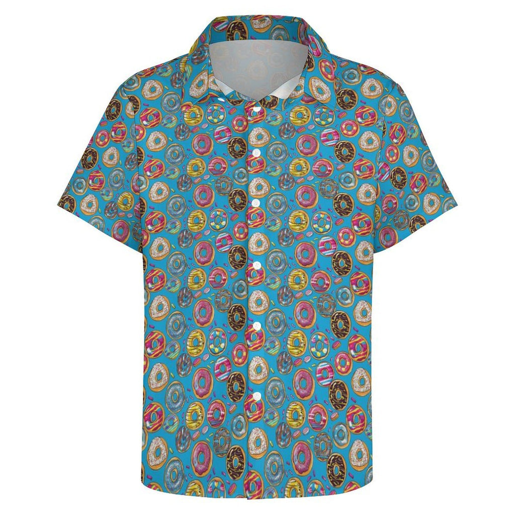 Doughnuts On Blue Women's Collared Pocketless Short Sleeve Shirt