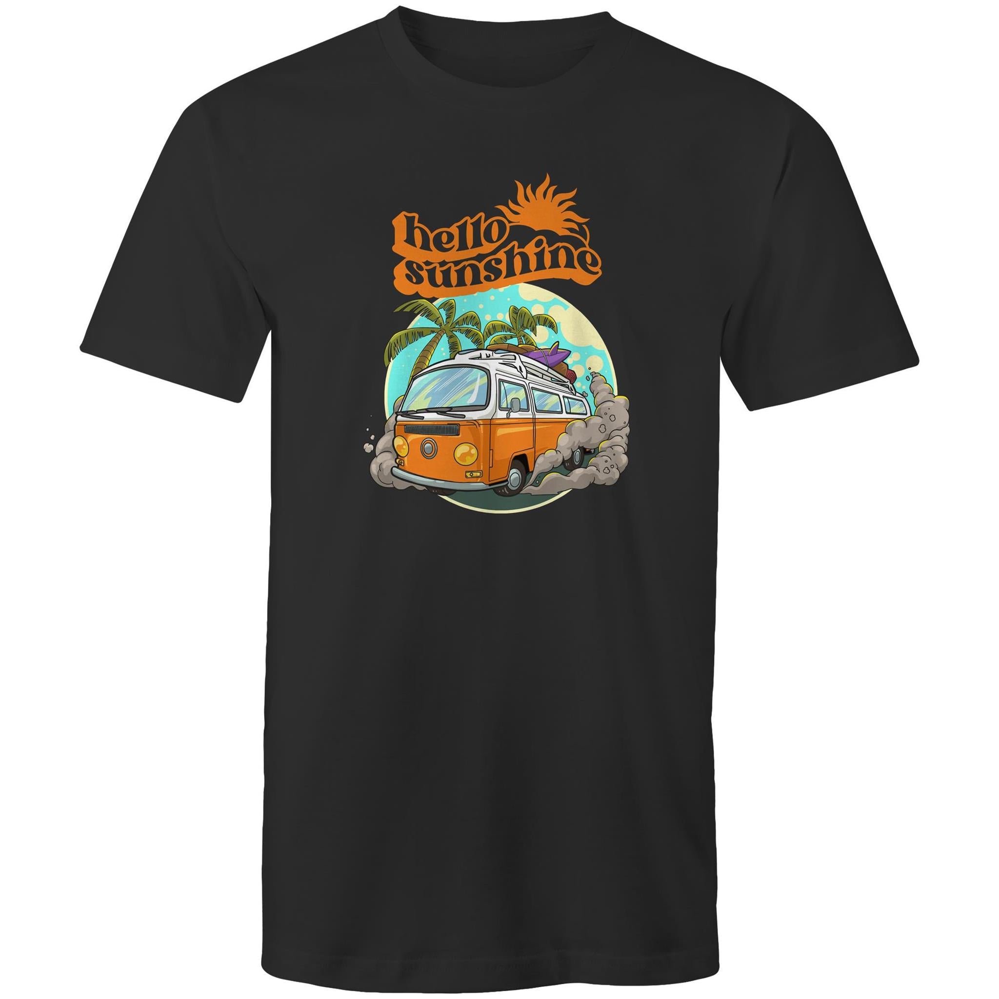 Hello Sunshine, Beach Van - Mens T-Shirt Black Mens T-shirt Printed In Australia Summer Surf