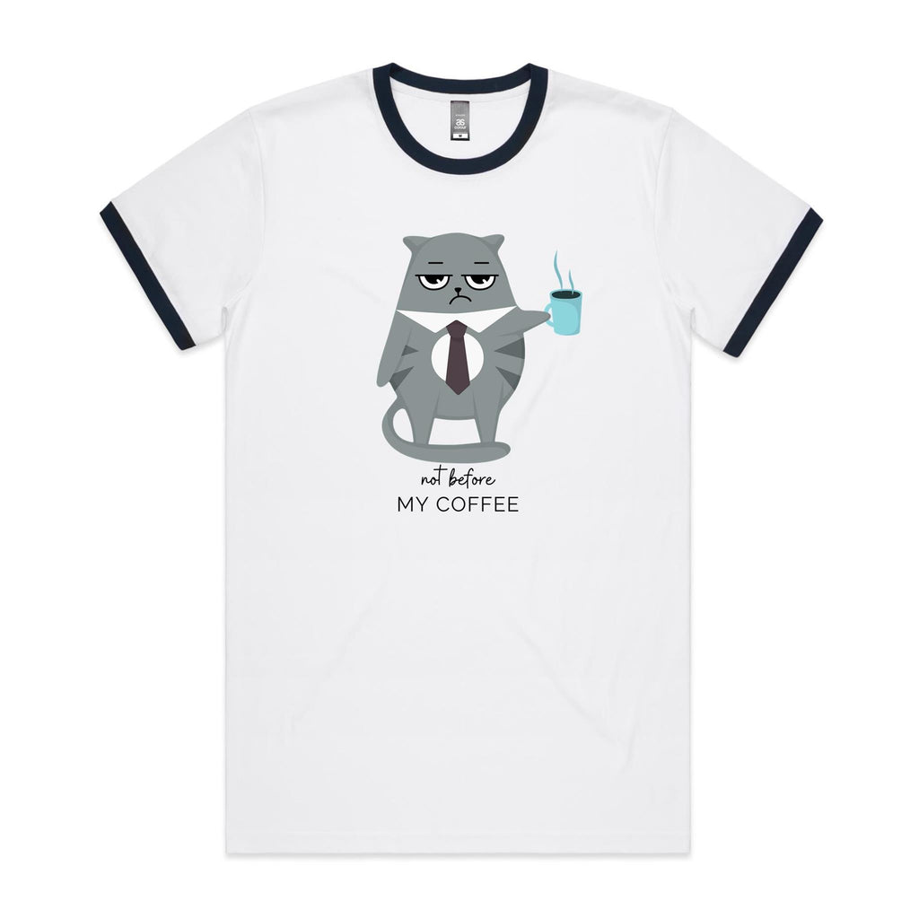 Not Before My Coffee, Cranky Cat - Staple Ringer Tee White Navy Ringer T-Shirt animal Coffee Printed In Australia