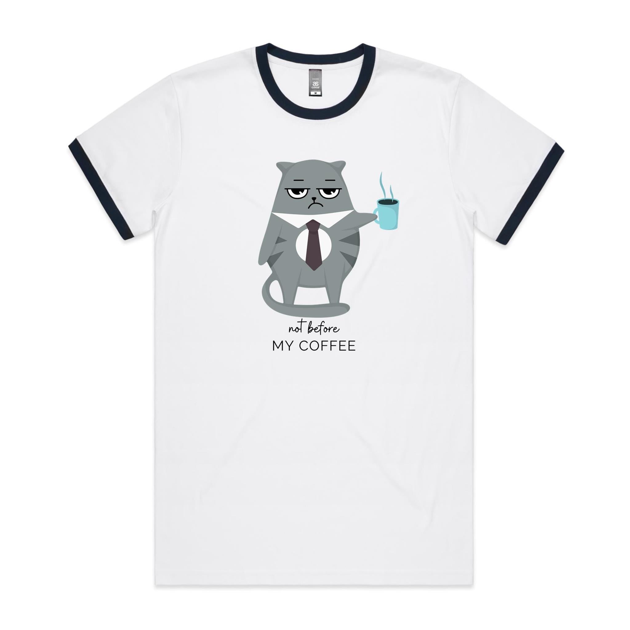 Not Before My Coffee, Cranky Cat - Staple Ringer Tee White Navy Ringer T-Shirt animal Coffee Printed In Australia