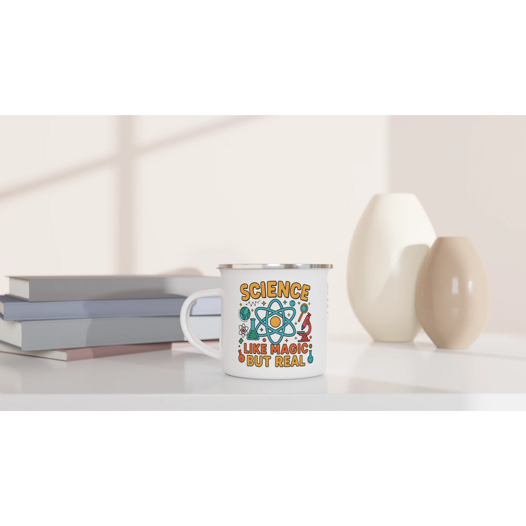 Personalised Science, Like Magic But Real White 12oz Enamel Mug Personalised Enamel Mug Globally Fulfilled Science