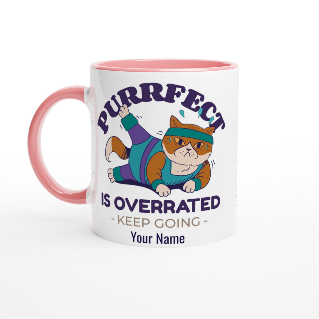 Personalised - Purrfect Is Overrated - White 11oz Ceramic Mug with Colour Inside Ceramic Pink Personalised 11oz Mug Customise Fitness Globally Fulfilled Name Personalise