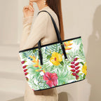 Tropical Flowers On White PU Leather Tote Bag Large Leather Tote Bag-Large Plants Printed Offshore