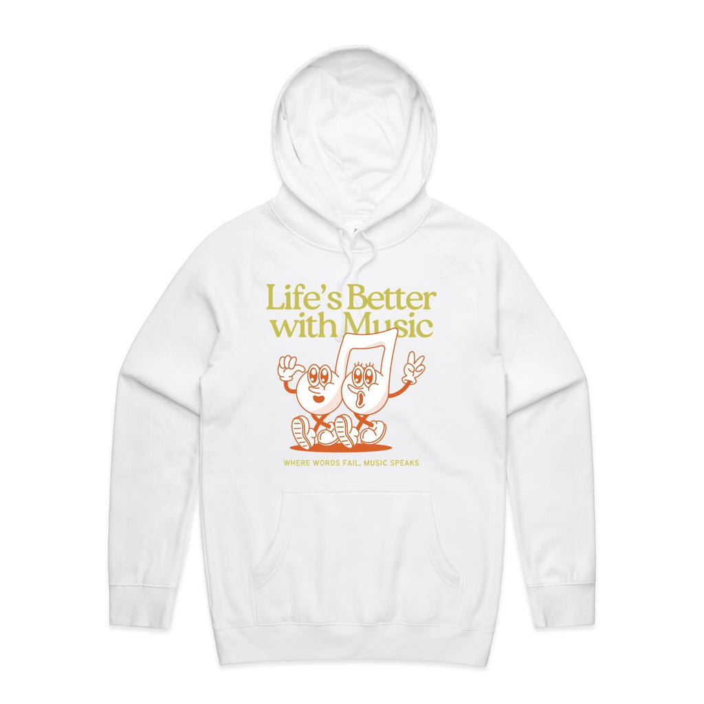 Life's Better With Music - Mens Hoodie White Mens Hoodie Music Printed In Australia