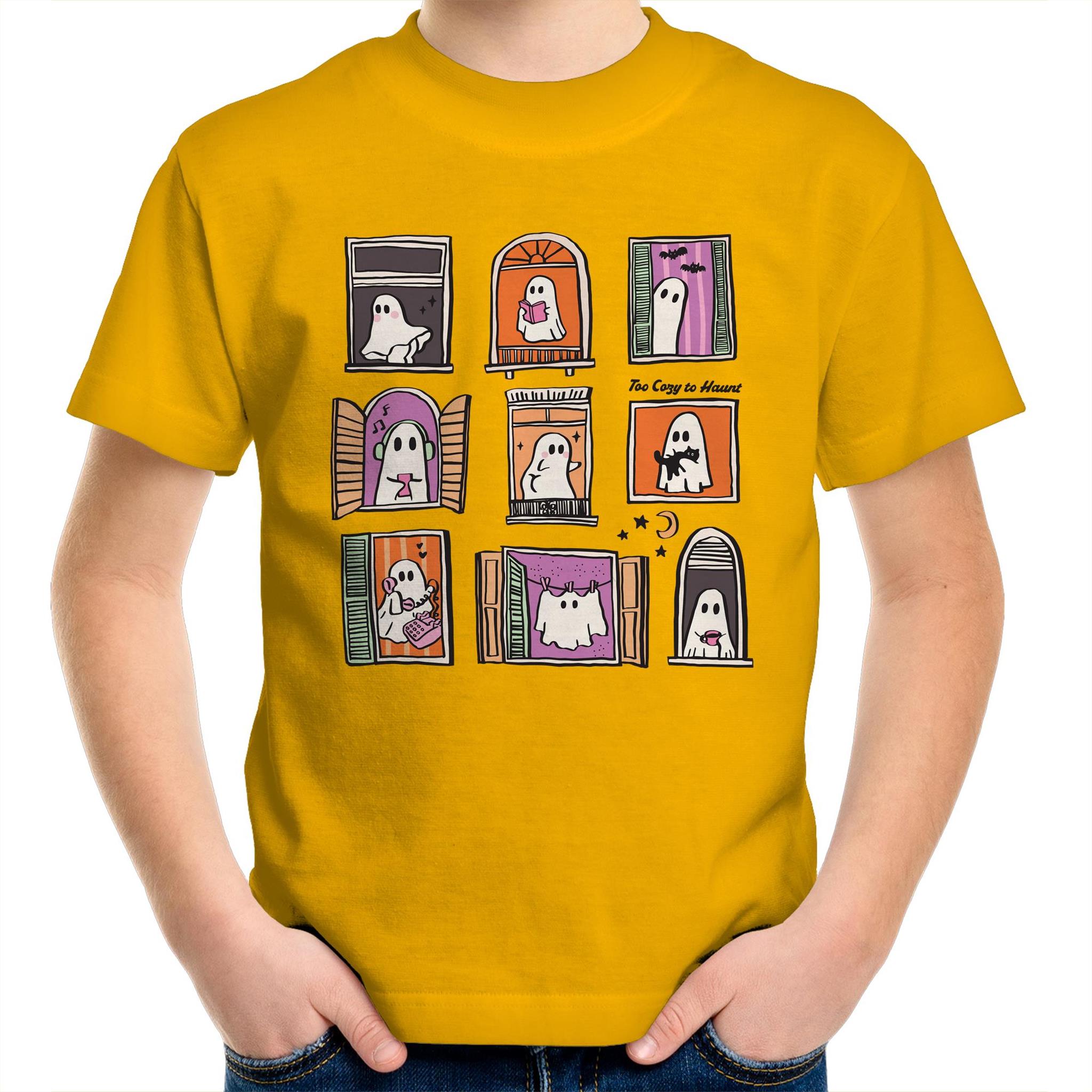 Ghosts In Windows - Kids Youth T-Shirt Gold Kids Youth T-shirt Halloween Printed In Australia