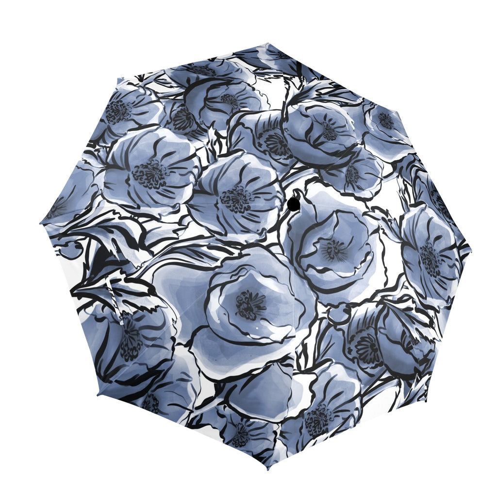 Blue And White Floral - Semi-Automatic Foldable Umbrella (Model U12) One Size Semi-Automatic Foldable Umbrella (U12)