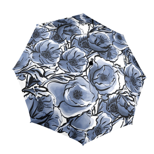Blue And White Floral - Semi-Automatic Foldable Umbrella (Model U12) One Size Semi-Automatic Foldable Umbrella (U12)