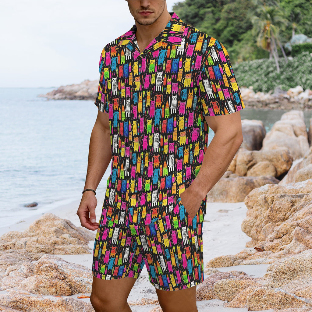 Colourful Cats Men's Hawaiian Shirt & Shorts Set Men's Hawaiian Shirt & Shorts Set animal Printed Offshore