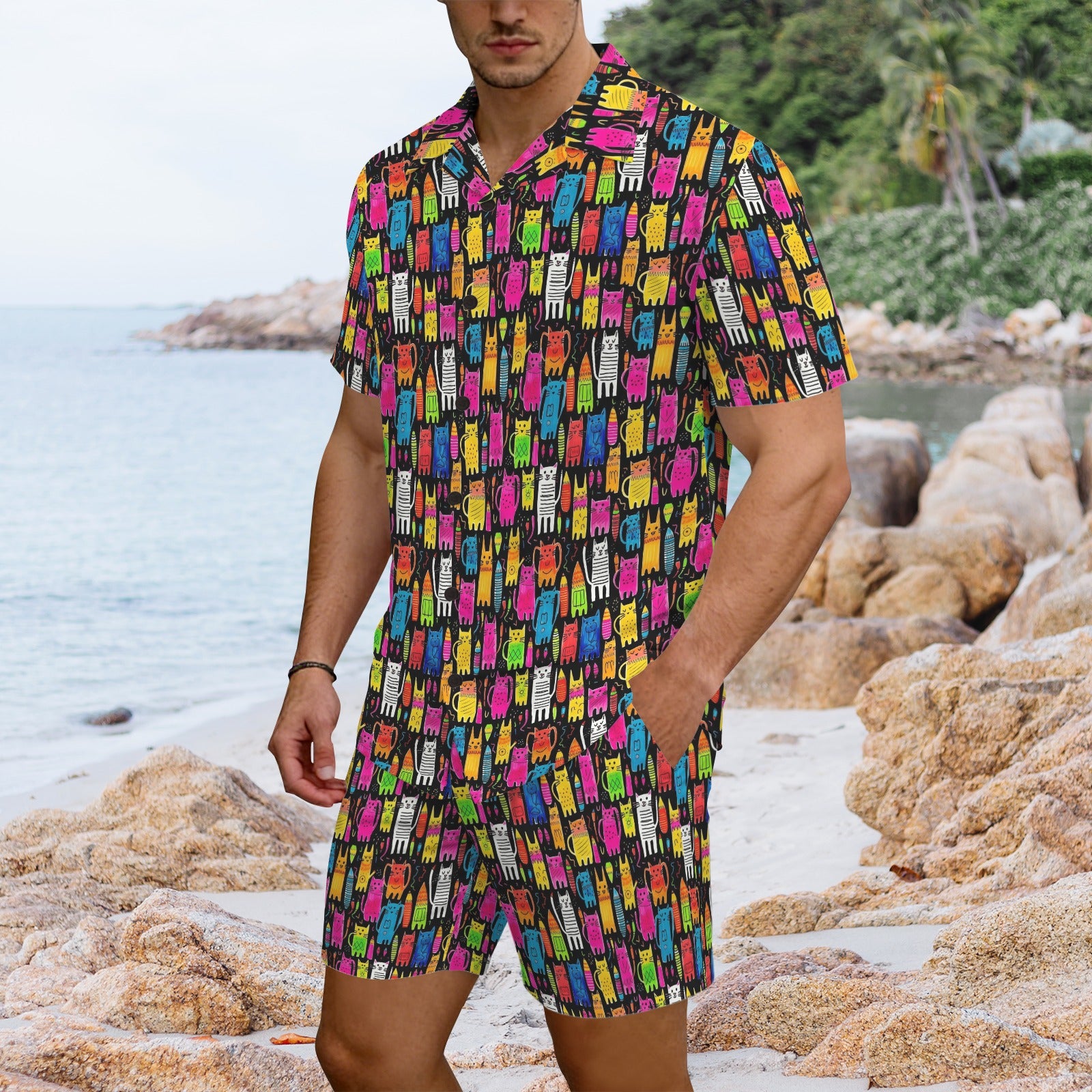 Colourful Cats Men's Hawaiian Shirt & Shorts Set Men's Hawaiian Shirt & Shorts Set animal Printed Offshore