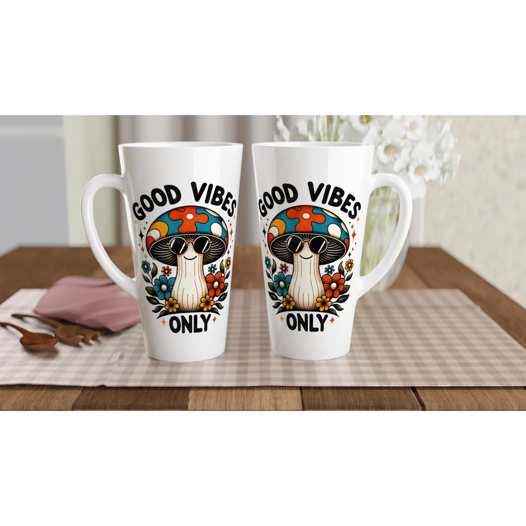Personalised Good Vibes Only, Hippie Mushroom With Sunglasses White Latte 17oz Ceramic Mug Personalised Latte Mug Globally Fulfilled Positivity