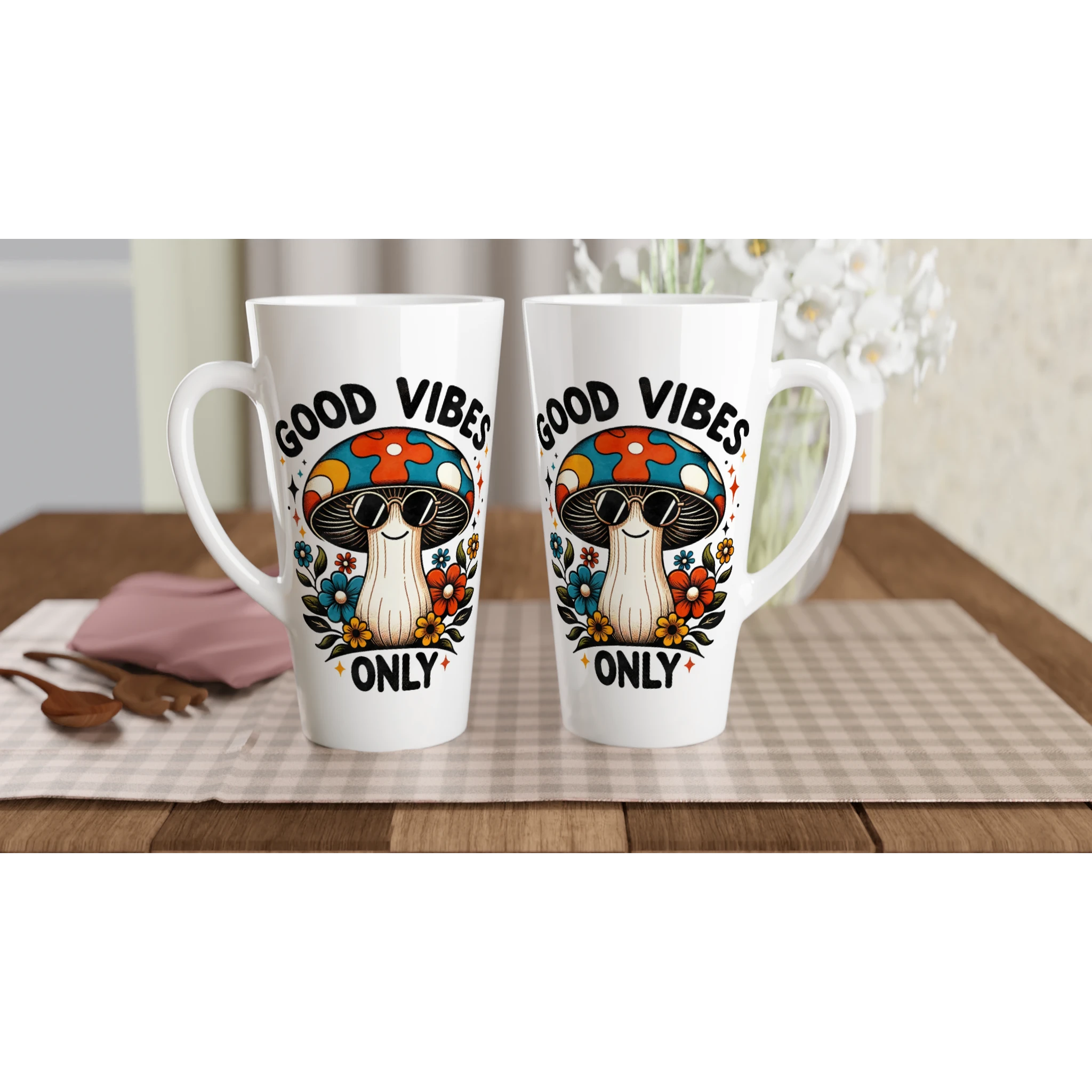 Personalised Good Vibes Only, Hippie Mushroom With Sunglasses White Latte 17oz Ceramic Mug Personalised Latte Mug Globally Fulfilled Positivity