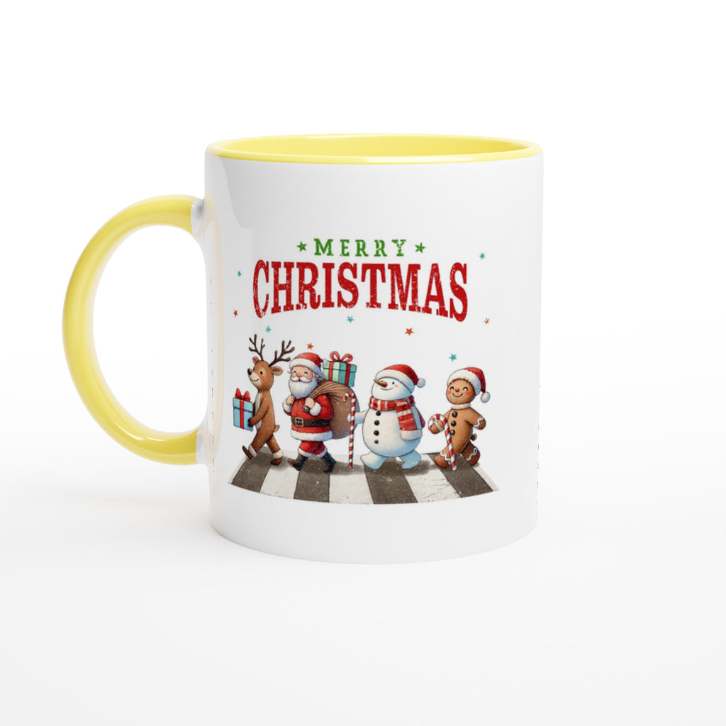 Fab Four, Merry Christmas - White 11oz Ceramic Mug with Color Inside Ceramic Yellow Christmas Colour Mug Christmas Globally Fulfilled