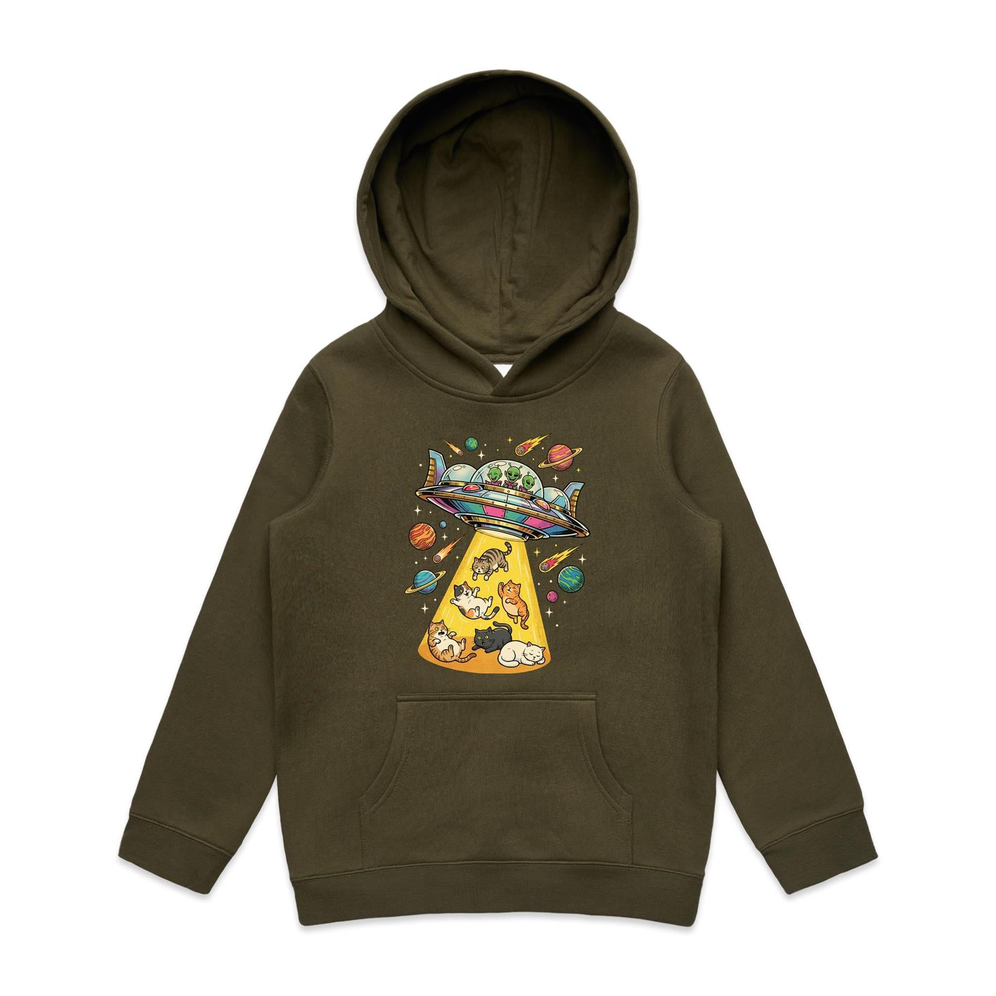 UFO Cat Abduction - Kid's AS Colour Hoodie Army Kids Hoodie animal Printed In Australia Sci Fi