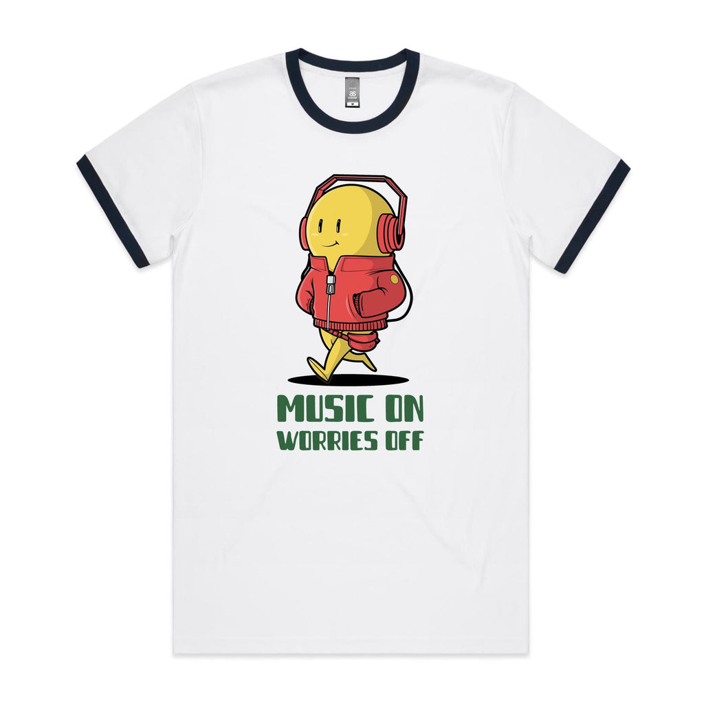Music On, Worries Off - Staple Ringer Tee White Navy Ringer T-Shirt Music Printed In Australia