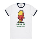 Music On, Worries Off - Staple Ringer Tee White Navy Ringer T-Shirt Music Printed In Australia