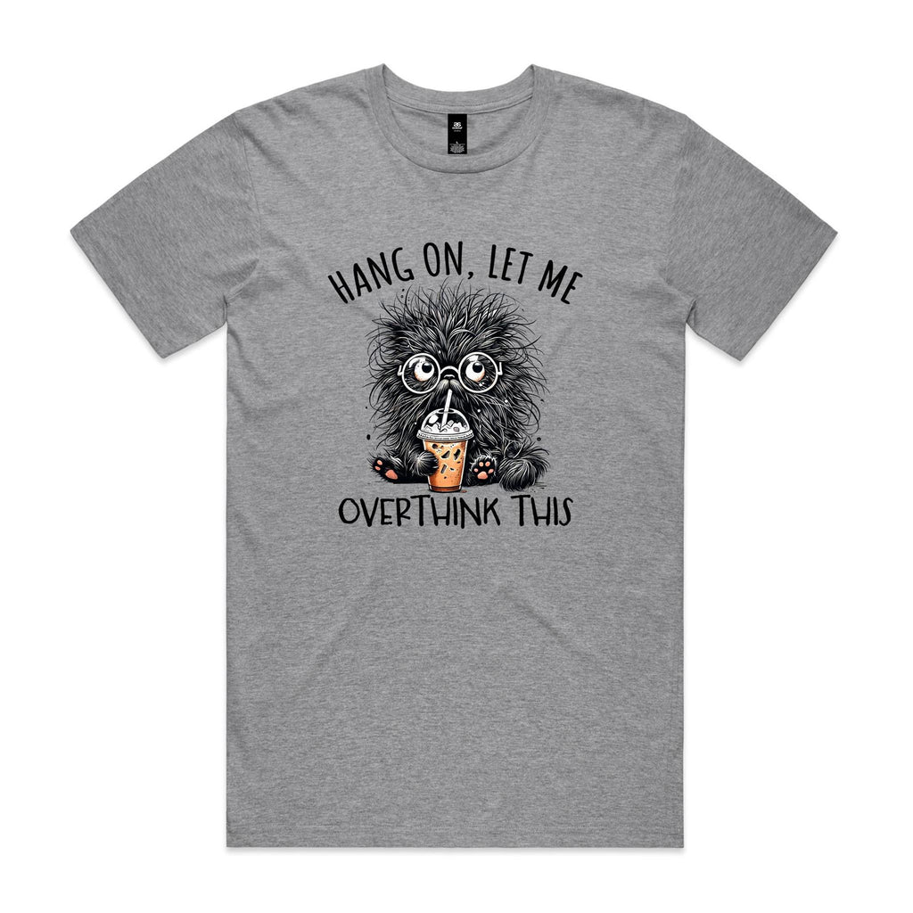 Frazzled Cat, Hang On Let Me Overthink This Men's AS Colour T-shirt Grey Marle Mens T-shirt animal Printed In Australia