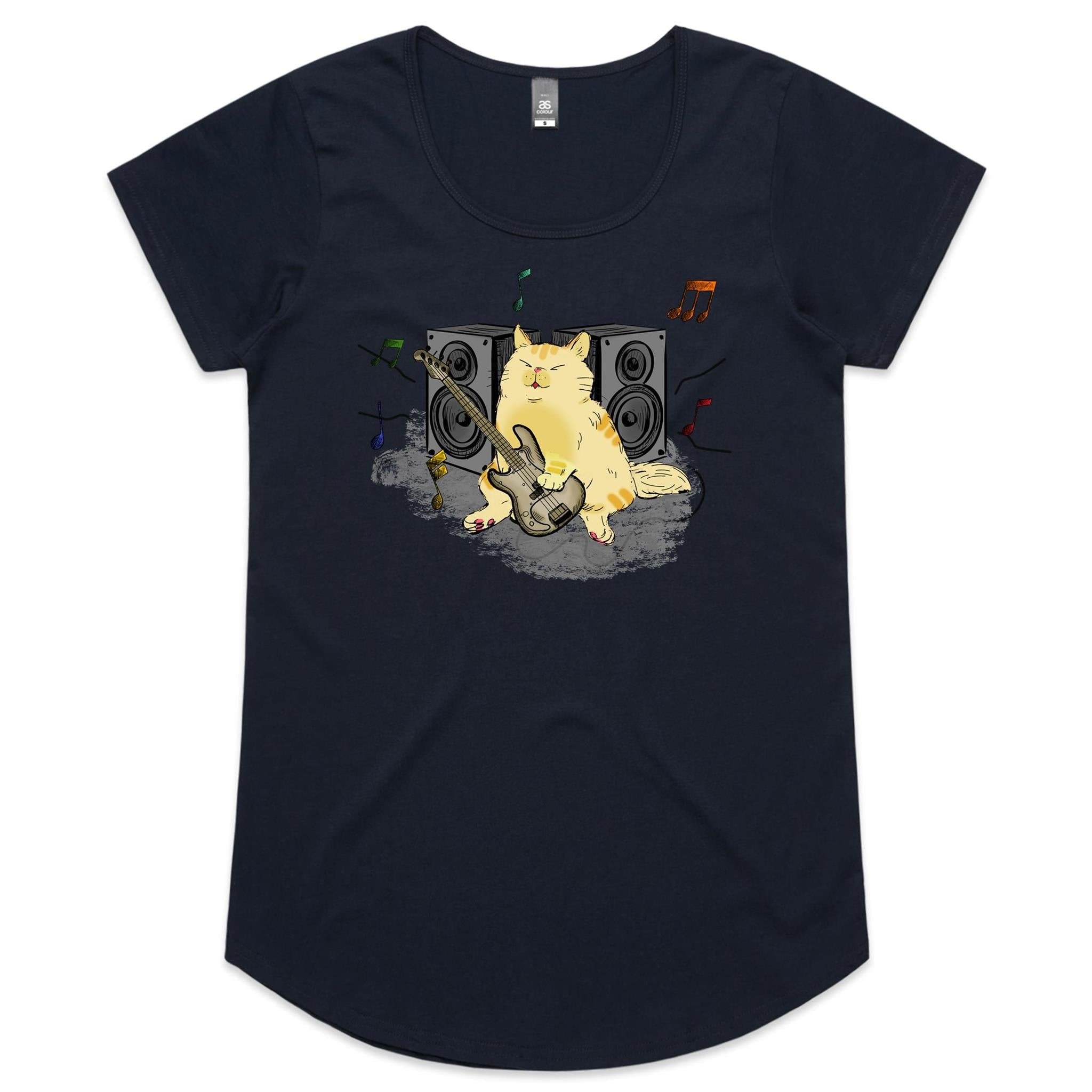 Cat Bass Player - Womens Scoop Neck T-Shirt Navy Womens Scoop Neck T-shirt animal Music Printed In Australia