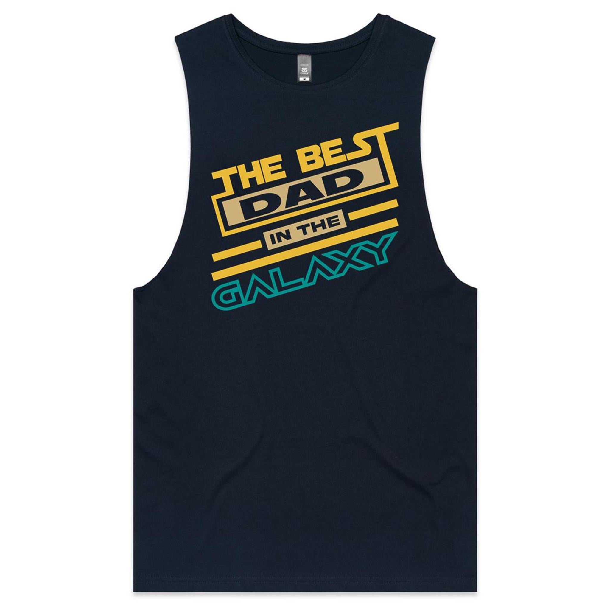 The Best Dad In The Galaxy - Mens Tank Top Tee Navy Drop Arm Tank Top Dad Printed In Australia