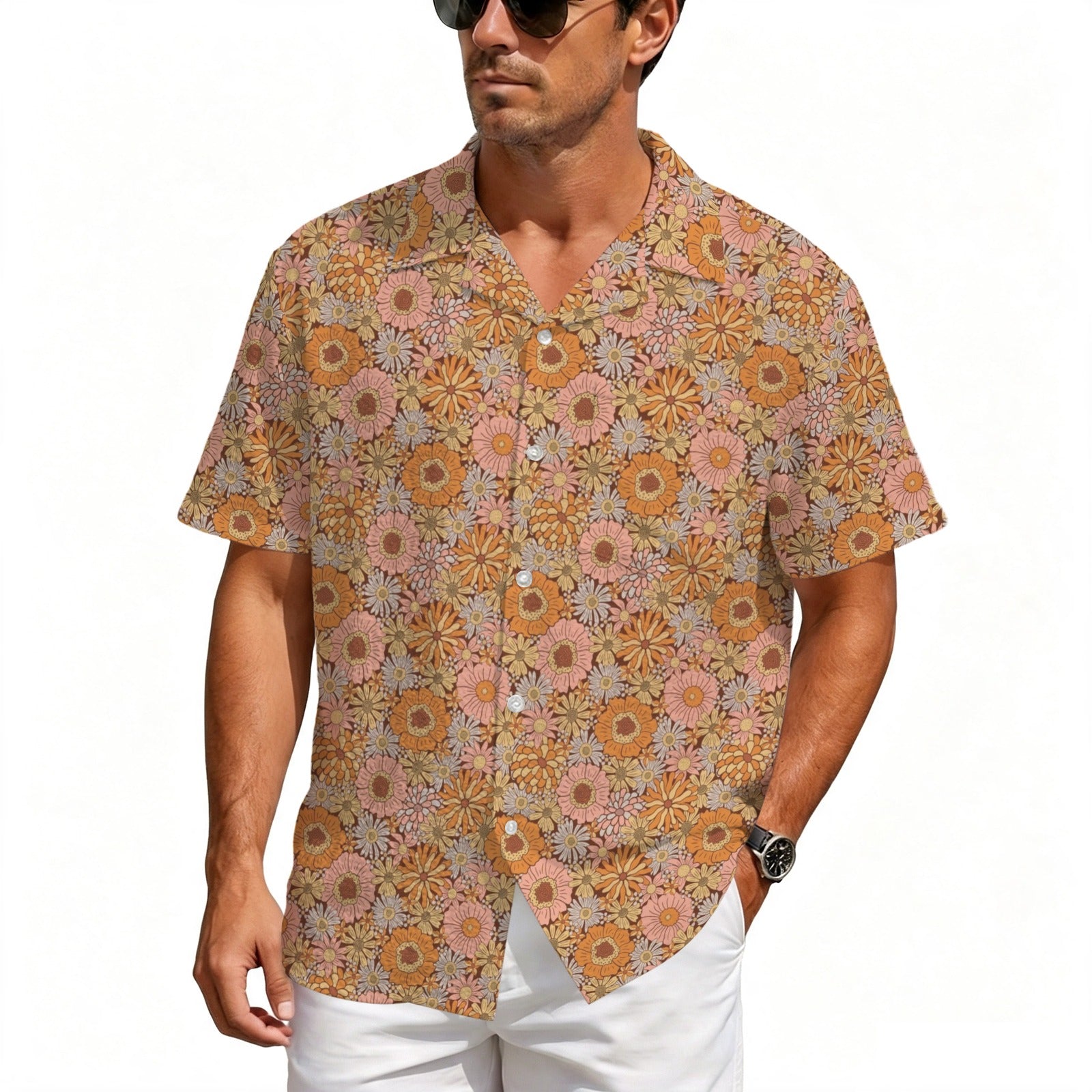 Orange Retro Floral Men's Crinkle Hawaiian Shirt