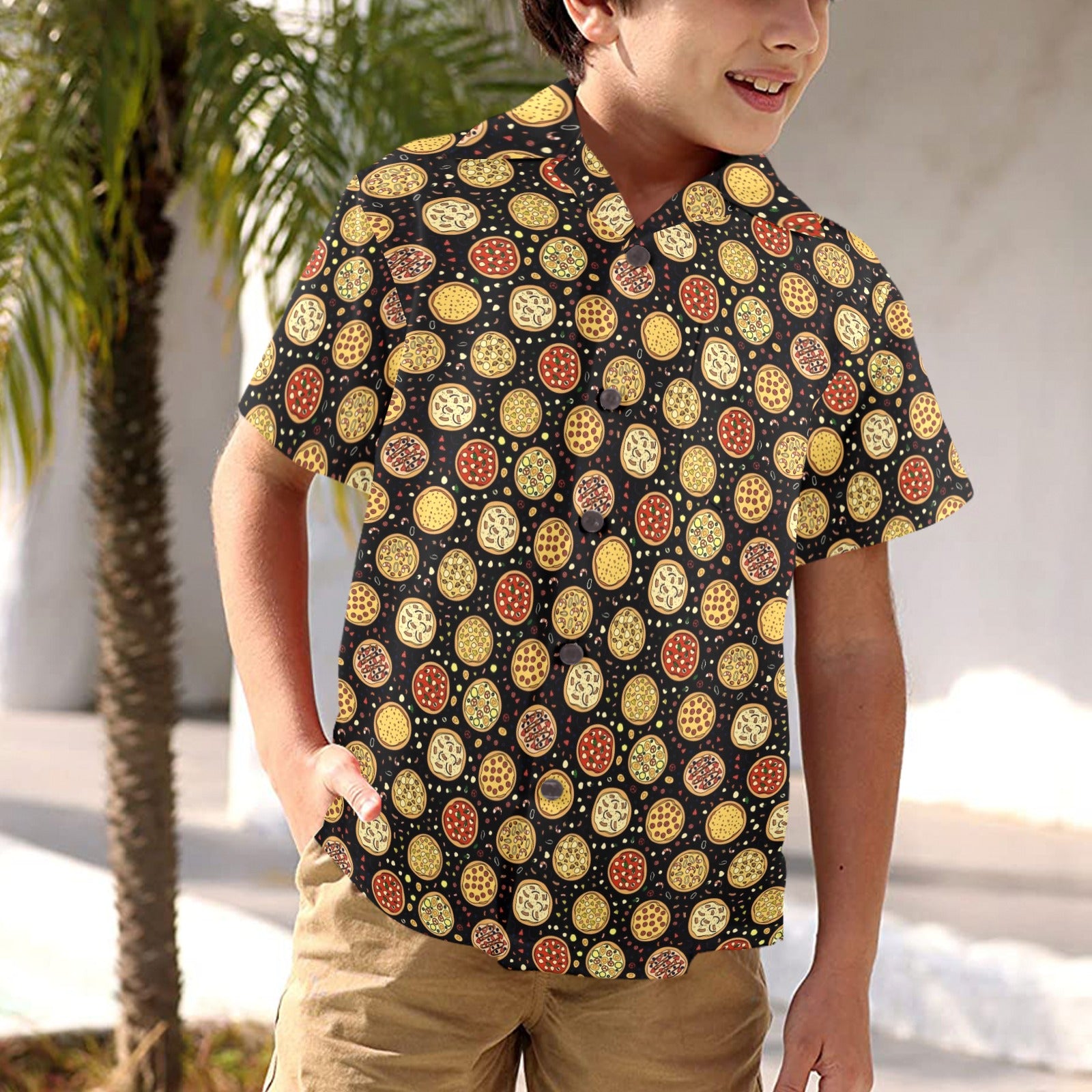 Round Pizzas On Black Junior Kids Hawaiian Shirt