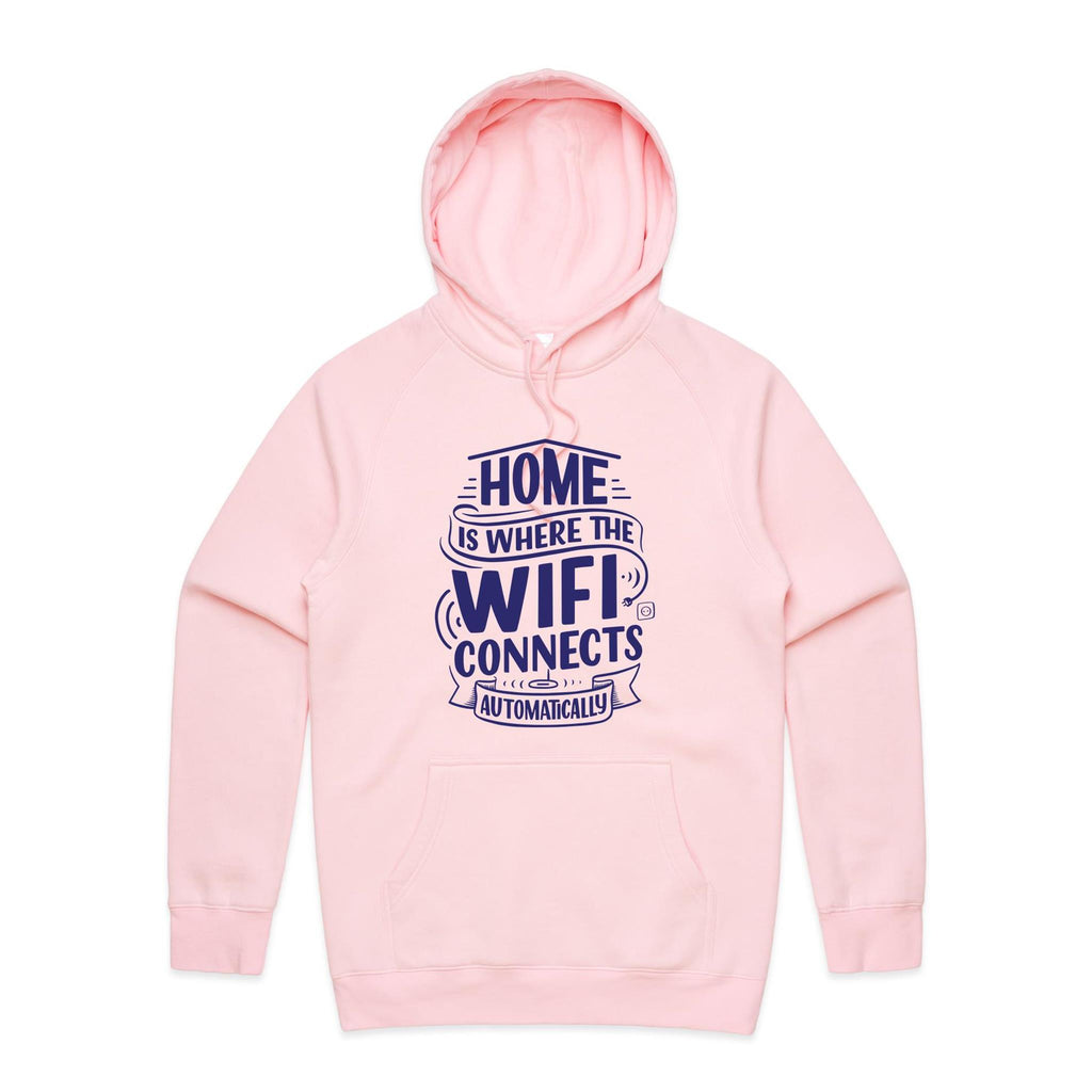 Home Is Where The WIFI Connects Automatically - Mens Hoodie Pink Mens Hoodie Printed In Australia Tech