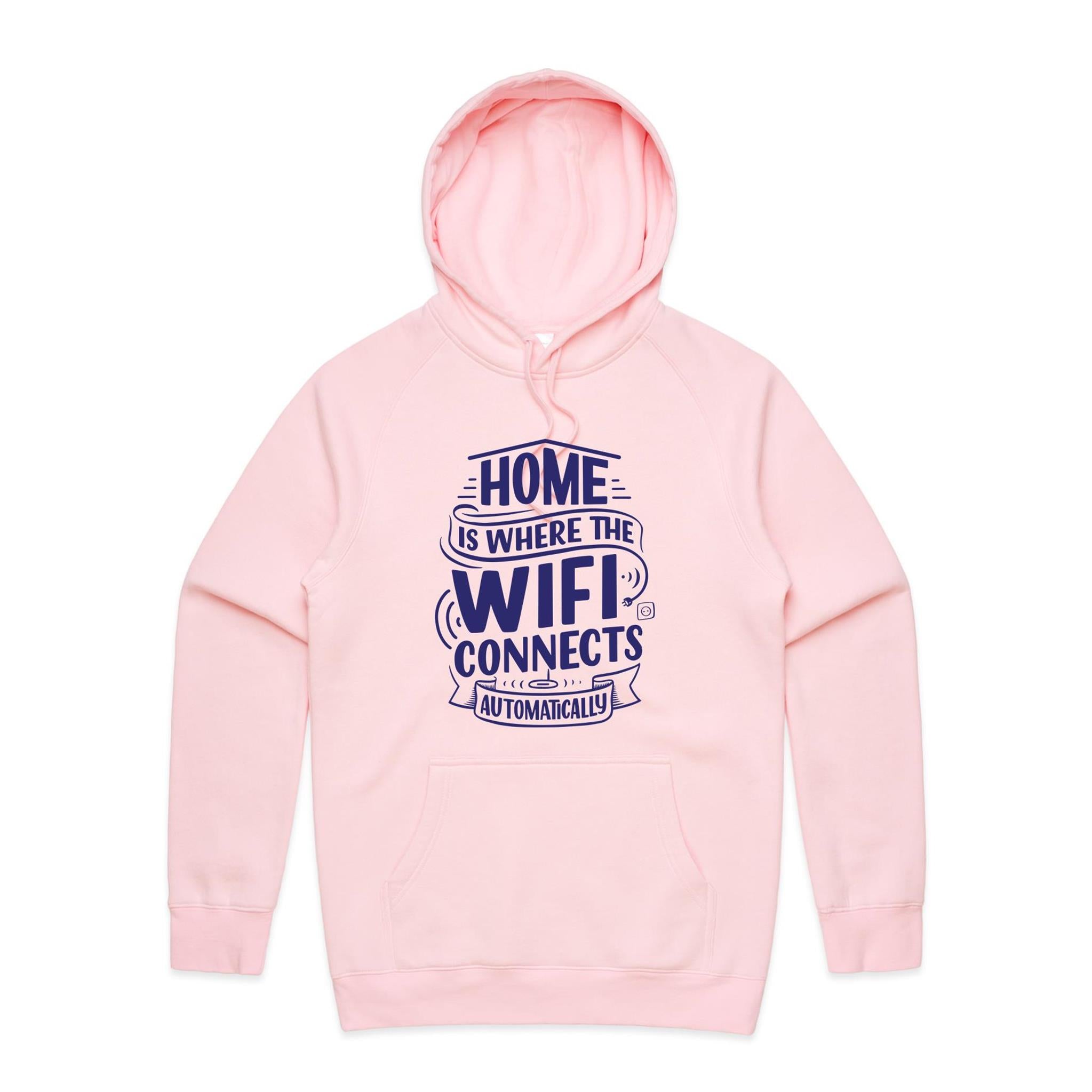 Home Is Where The WIFI Connects Automatically - Mens Hoodie Pink Mens Hoodie Printed In Australia Tech