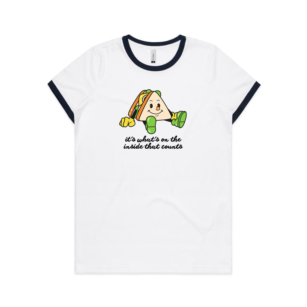 Sandwich, It's What's On The Inside That Counts - Women's Ringer Tee White Navy Womens Ringer T-shirt Food Printed In Australia