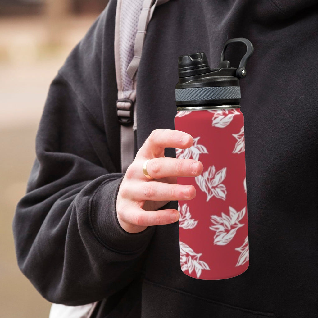 Red Retro Foliage, Hawaiian Flower - Insulated Water Bottle with Dual-Use Lid (18oz) Insulated Water Bottle with Dual-Use Lid (18oz) Printed Offshore Surf