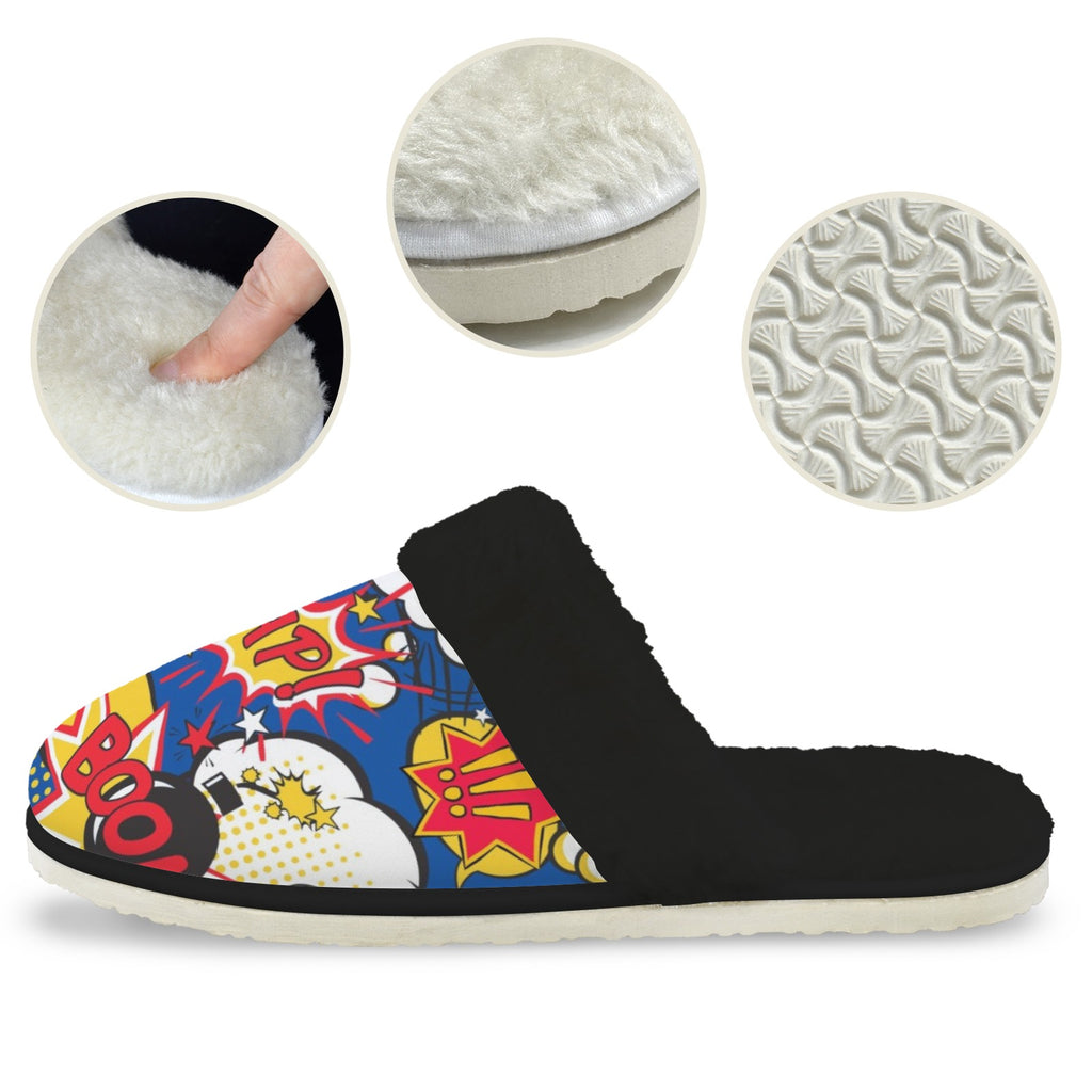 Blue Comic Book Men's Fur Trim Thick-Sole Indoor Slippers Men's Fur Trimmed Slippers comic Printed Offshore