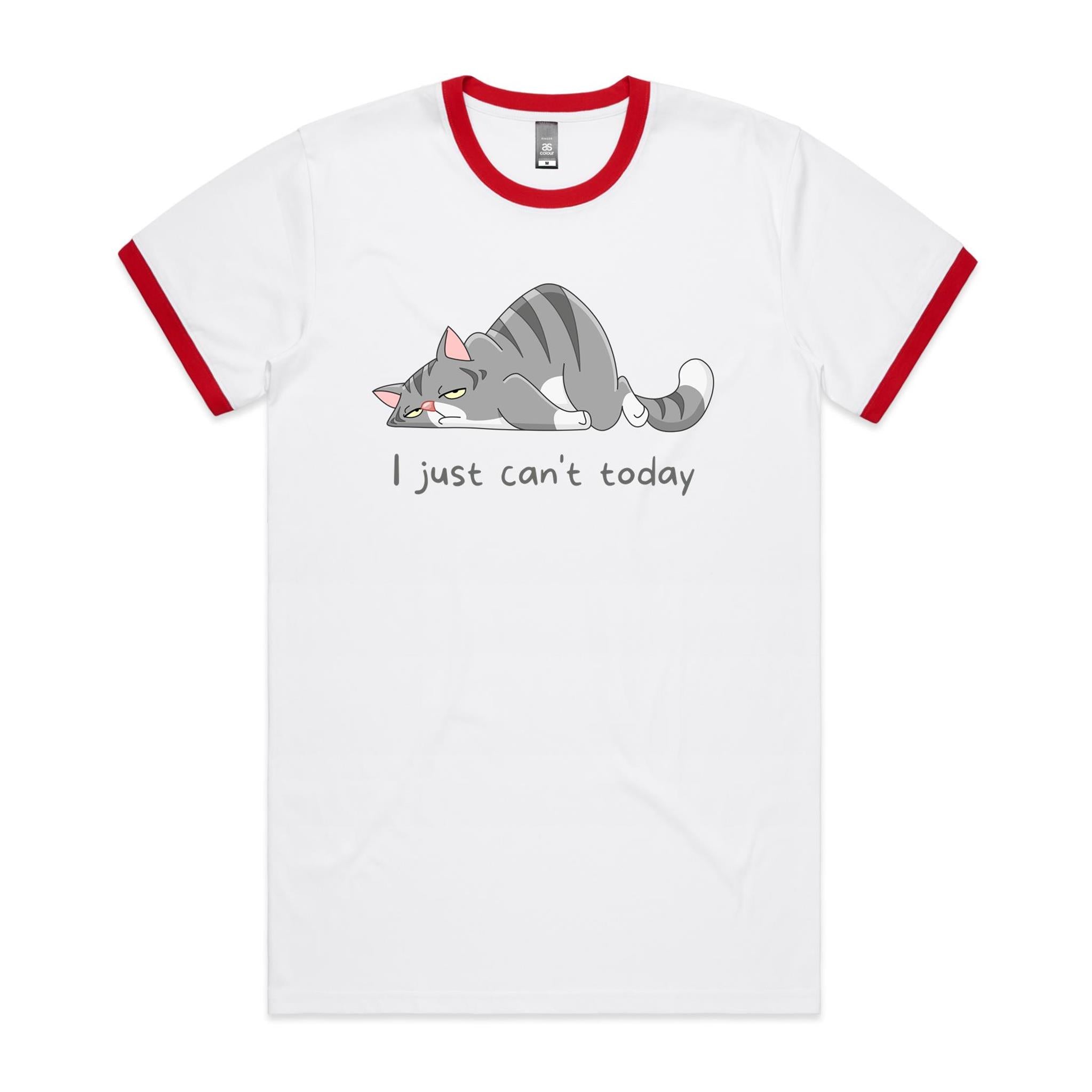 Cat, I Just Can't Today - Staple Ringer Tee White Red Ringer T-Shirt animal Printed In Australia