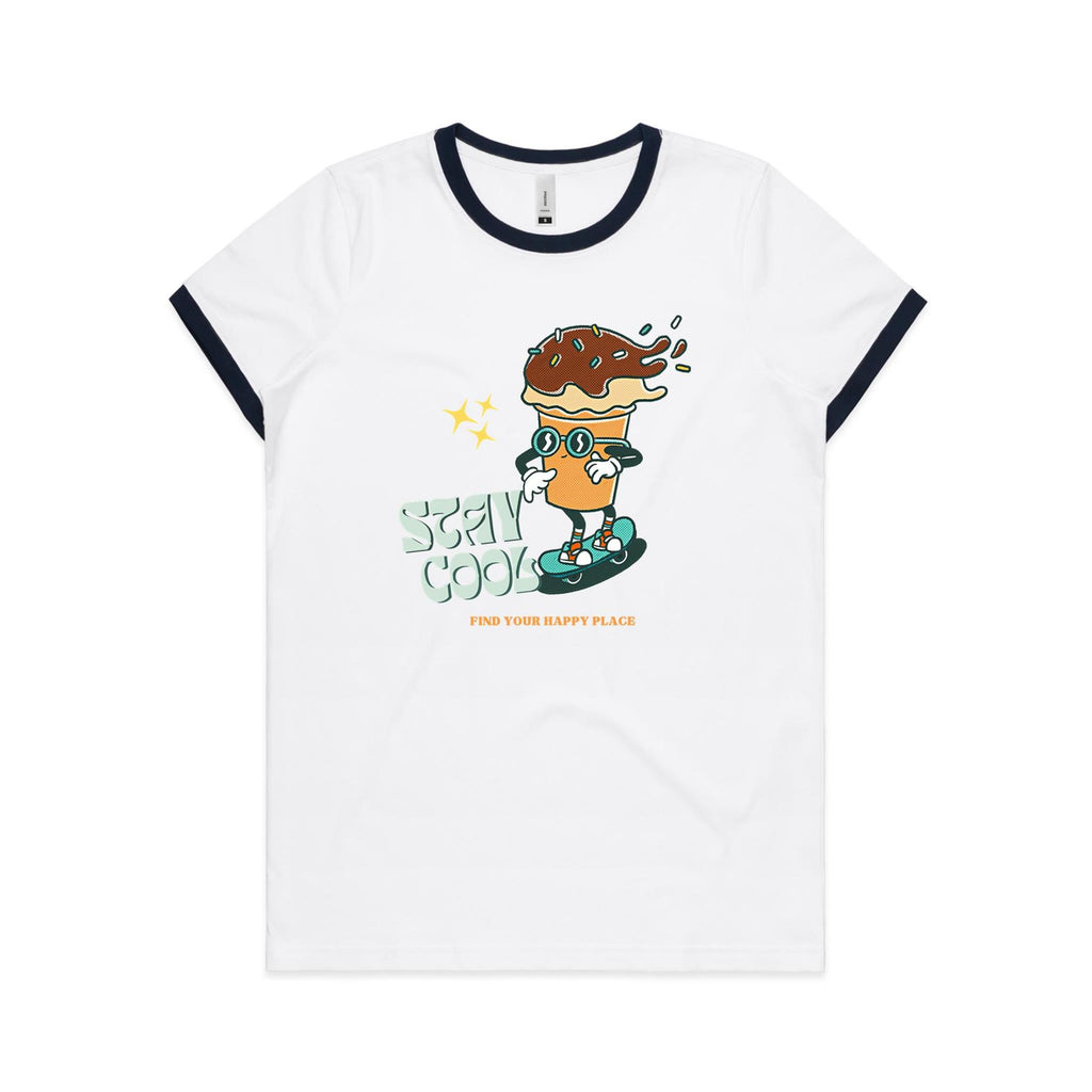 Stay Cool, Ice Cream, Skateboard - Women's Ringer Tee White Navy Womens Ringer T-shirt Printed In Australia Summer