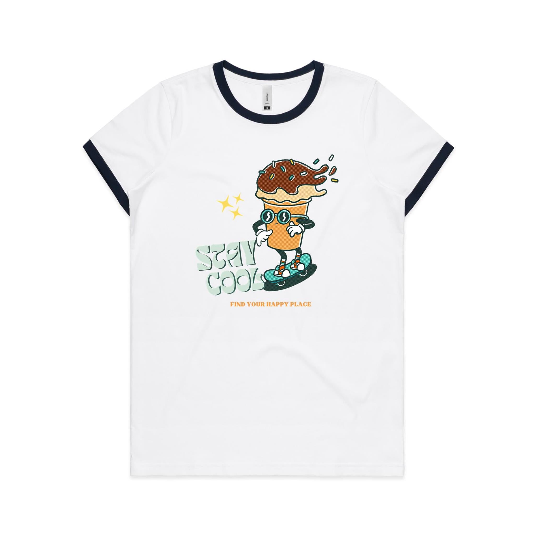 Stay Cool, Ice Cream, Skateboard - Women's Ringer Tee White Navy Womens Ringer T-shirt Printed In Australia Summer