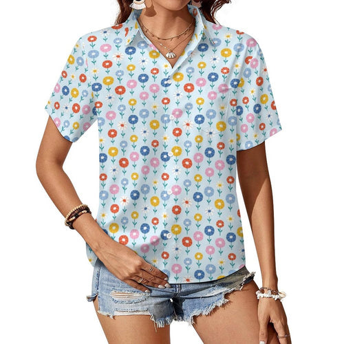 Abstract Cute Flowers Women's Short-Sleeve Button Up Shirt white Women's Short-Sleeve Button Up Shirt Plants Printed Offshore