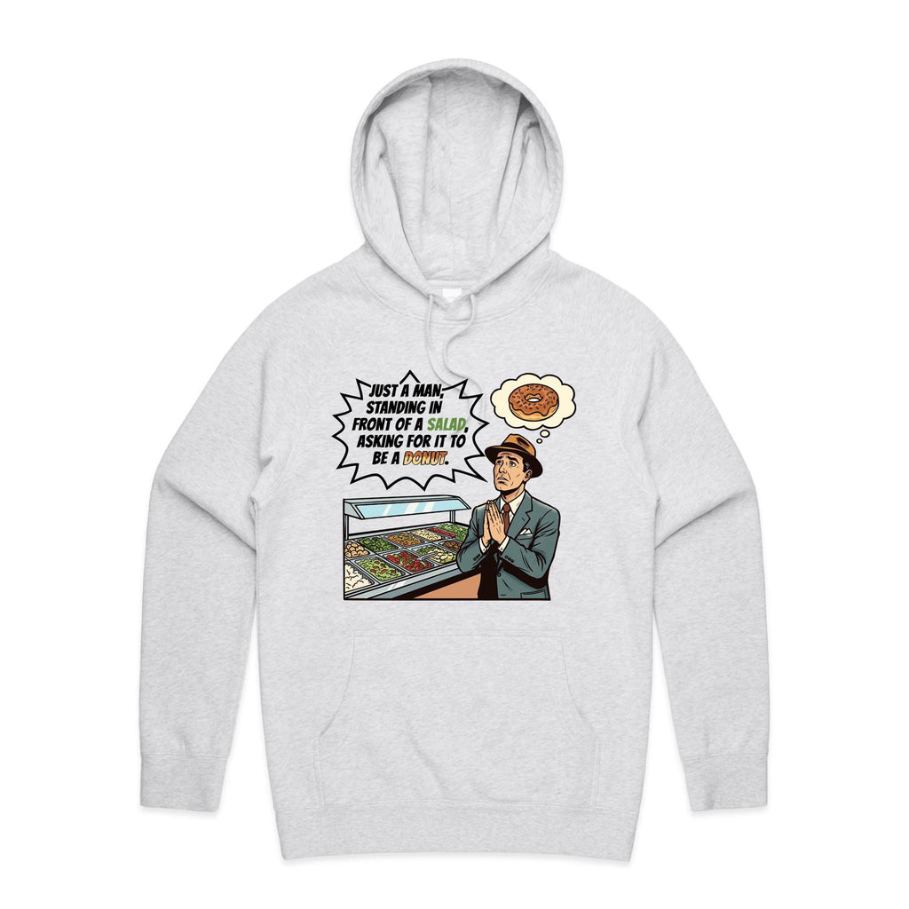 Just A Man Standing In Front Of A Salad Men's AS Colour Hoodie White Marle Mens Hoodie Food Printed In Australia